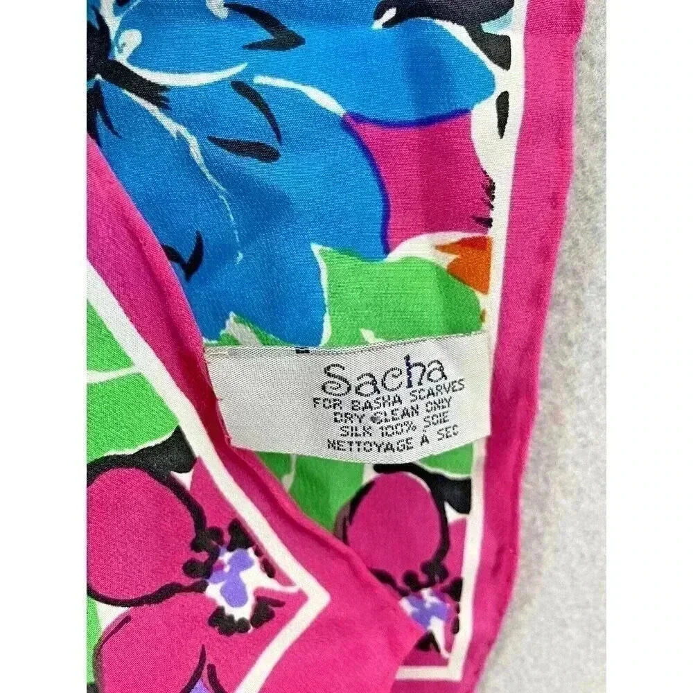 Vintage Sacha Silk Scarf Pink Purple Blue Green Floral 50" x 9" - Picture 2 of 8